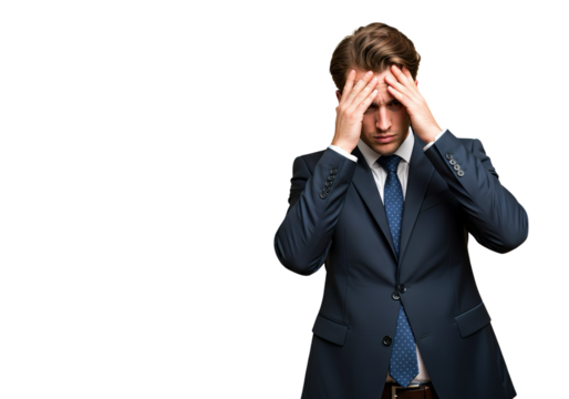 A businessman holding her forehead in worry on transparent background.