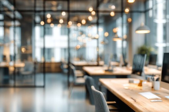Blurred view of a modern, open-plan office space with wooden desks and industrial lighting