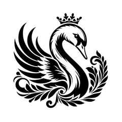 Elegant Black Swan with Royal Crown Emblem.