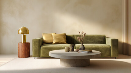 Minimalist modern living room with an olive green sofa, beige walls and carpet, a round coffee table, a lamp with a brass metal and wooden base.