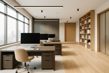 Modern office interior with large windows, wooden floor, minimalist furniture, and bookshelves in bright natural light setting. Ai generative.
