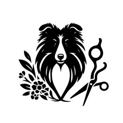 Elegant Sheltie Dog Grooming Scissors and Flowers Logo.