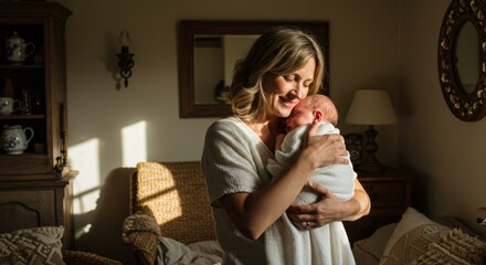 Mother Holds Newborn Baby, Warm Embrace, Home Interior, Love.