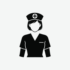 Simple black and white nurse icon: young woman in scrubs and cap, minimalistic medical symbol, centered and professional profile silhouette.