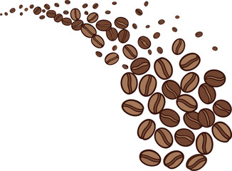 Scattered coffee beans flowing across a white background brown