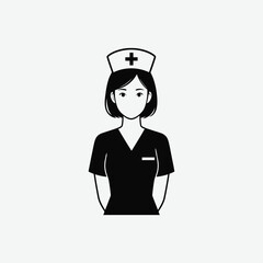 Simple black and white nurse icon: young woman in scrubs and cap, minimalistic medical symbol, centered and professional profile silhouette.