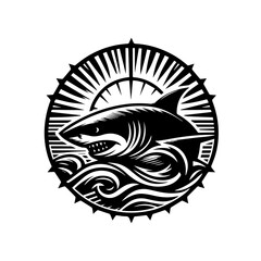 Fierce Shark Emblem with Sun Rays and Waves.
