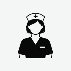 Simple black and white nurse icon: young woman in scrubs and cap, minimalistic medical symbol, centered and professional profile silhouette.