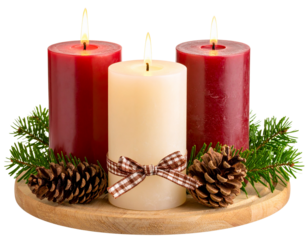  Triple Candle Set with Evergreen Sprigs and Pinecones PNG