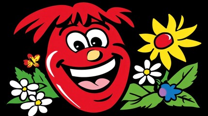 Naklejka premium Cartoon red character face with flowers and butterfly, joyful expression.