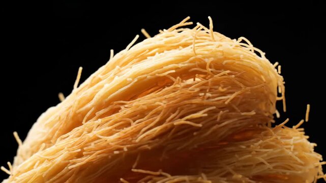 Rotating kataifi dough close-up on black background, revealing golden strands and toasted tips in soft, elegant lighting.

