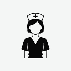 Simple black and white nurse icon: young woman in scrubs and cap, minimalistic medical symbol, centered and professional profile silhouette.