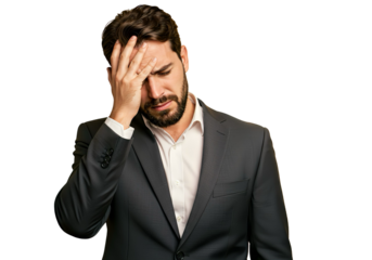 A businessman holding her forehead in worry on transparent background.