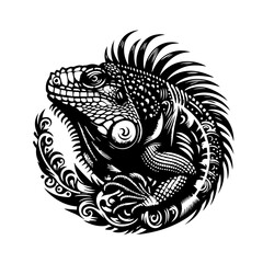 Intricate Black and White Iguana Tattoo Design.
