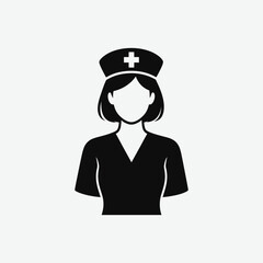 Simple black and white nurse icon: young woman in scrubs and cap, minimalistic medical symbol, centered and professional profile silhouette.