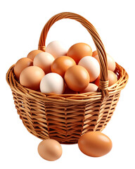 Fresh organic chicken eggs, both white and brown, are nestled in a wicker basket, ready for a healthy farm breakfast