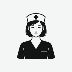 Simple black and white nurse icon: young woman in scrubs and cap, minimalistic medical symbol, centered and professional profile silhouette.