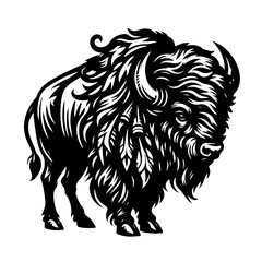 Majestic Bison Silhouette with Tribal Feather Accents.