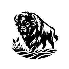 Majestic Bison Silhouette Standing in Grassy Field.