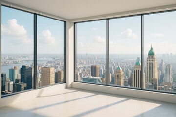 Bright empty modern interior room with panoramic windows showing tall city buildings and skyline on a sunny day from high-rise tower view.