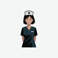 Simple black and white nurse icon: young woman in scrubs and cap, minimalistic medical symbol, centered and professional profile silhouette.