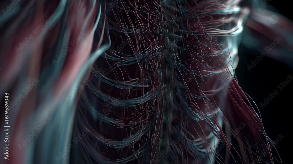 Poster scientific animation showing interplay between vestibular fluid dynamics and muscular responses in b