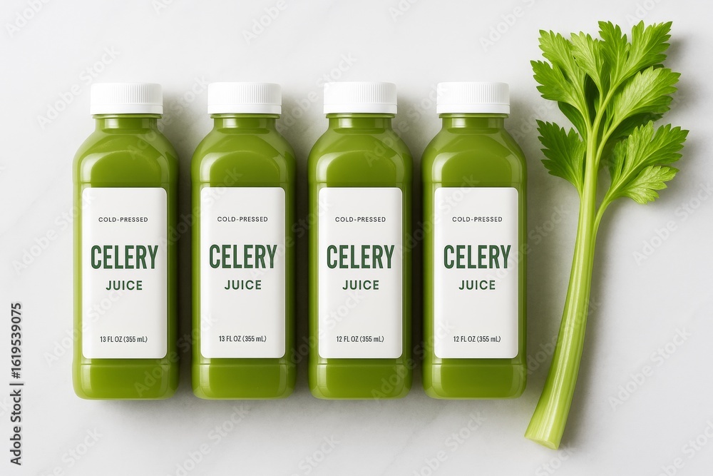 Poster four bottles of cold-pressed celery juice with fresh celery stalk on light background, promoting hea