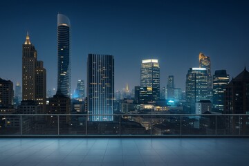 Modern city skyline at night with illuminated skyscrapers viewed from empty tiled rooftop with glass railing and clear dark blue sky background.