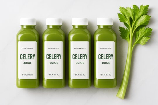 Four bottles of cold-pressed celery juice with fresh celery stalk on light background, promoting healthy green drinks concept. Ai generative. Ai generative