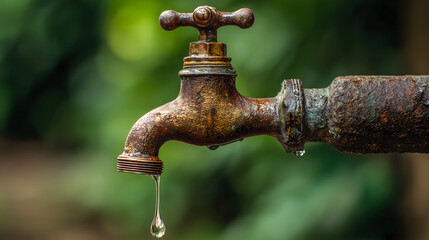 Close-up of a old bronze water tap with a drop dripping from the spout, blurred green background.