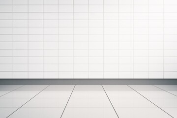 Fototapeta premium Modern empty interior room with tiled white wall and glossy tiled floor, clean architectural space for branding or design mockup template.