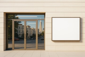 Blank billboard mockup on modern stone wall next to glass door entrance reflecting urban street and skyscraper in background. Ai generative.