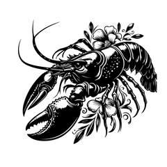 Ornate Black and White Lobster with Floral Accents.