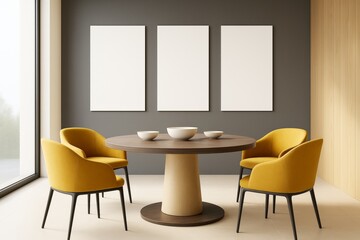 Modern dining room with yellow chairs, round table, and blank wall frames in minimalist contemporary interior design concept mockup template scene.