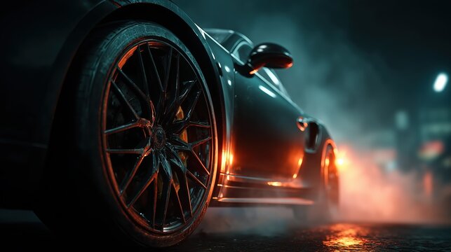Black Sports Vehicle at Night in City Road, Wet Tire Close Up - Powered by Adobe