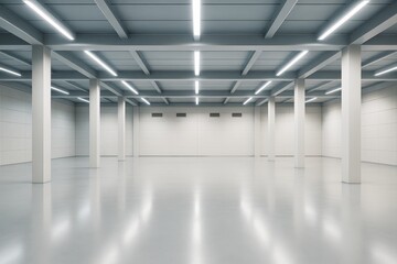 Modern empty industrial interior space with clean white walls, ceiling beams, and bright strip lighting in a contemporary architectural room.