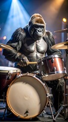 Naklejka premium Gorilla drumming on stage