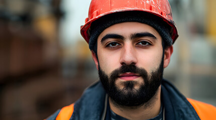 Fototapeta premium Bearded construction worker wearing an orange hard hat looking directly at the camera.