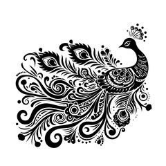 Ornate Black Peacock Silhouette with Intricate Tail Feathers.