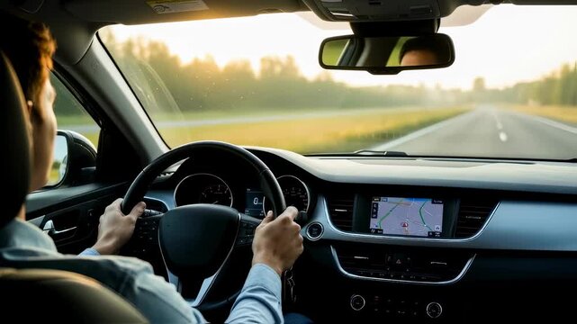 Man driving car on road at sunset, first person view of a journey through nature, open road adventure footage.