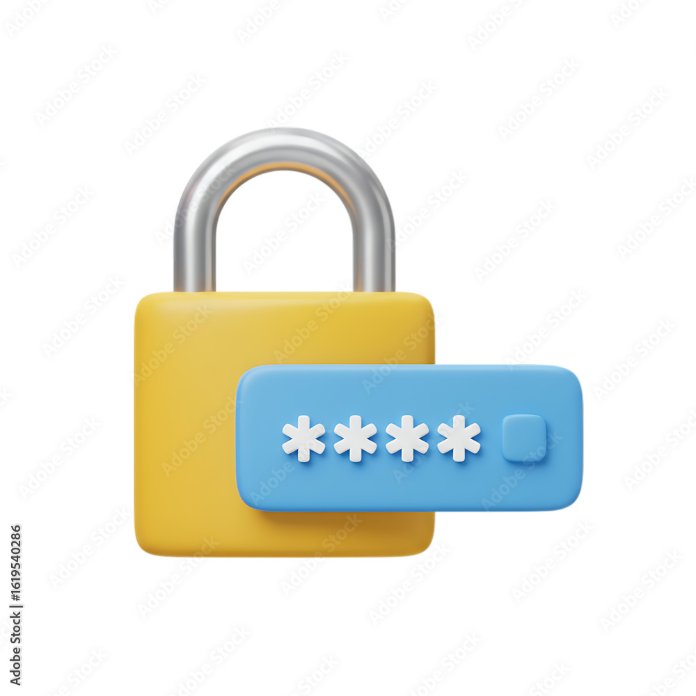 Poster yellow padlock with blue password input on transparent background