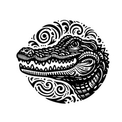 Stylized Black and White Alligator Head Illustration.