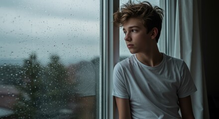 Young Man Gazing Out Rainy Window, Contemplative Mood.