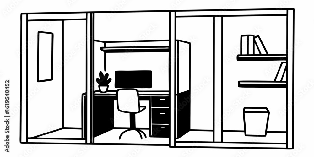 Poster illustration of a modular office space with desk chair computer and bookshelf in black and white sty