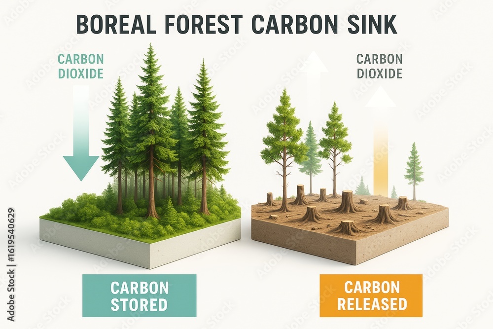 Poster boreal forest carbon sink comparison showing carbon stored in dense forest and carbon released in de