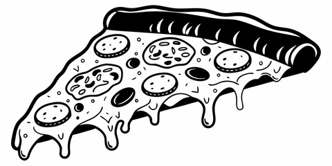 A slice of pizza with pepperoni and other toppings with cheese dripping in black and white art style