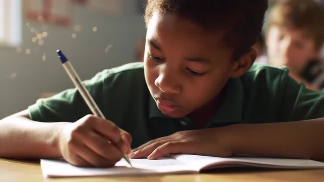 Cinematic Close-Up of a Focused Young African American Student Diligently Writing in a Classroom.