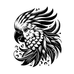 Stylized Black and White Cockatoo Head Illustration.