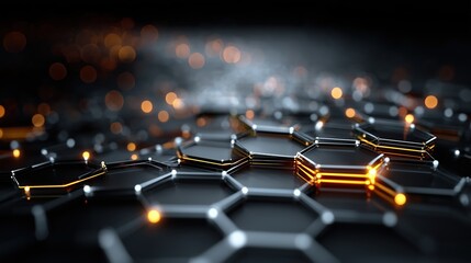 Abstract Hexagon Network Dark Surface with Orange Highlights