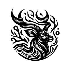 Stylized Black and White Deer Head with Ornate Antlers.